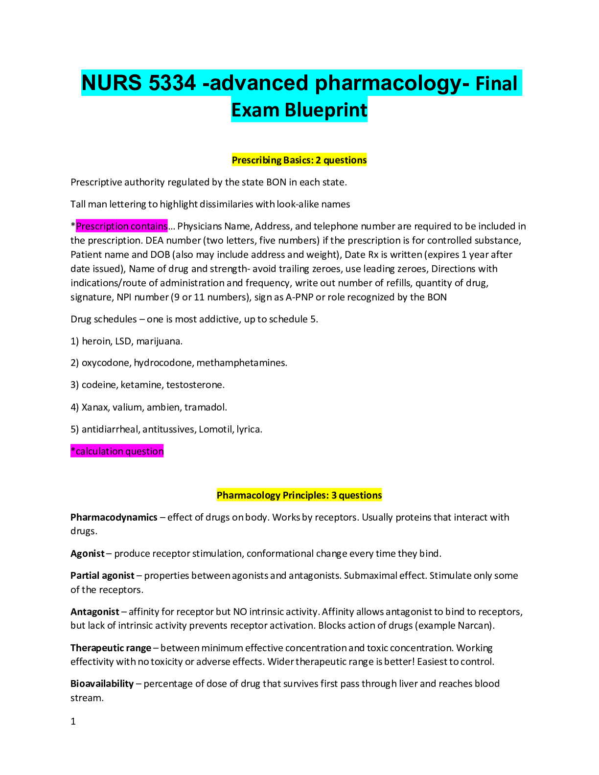 Preview of NURS 5334 -advanced pharmacology- Final Exam Blueprint